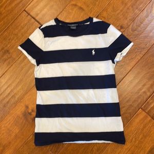 Ralph Lauren Navy and White Striped Tee Shirt With Embroidered Logo